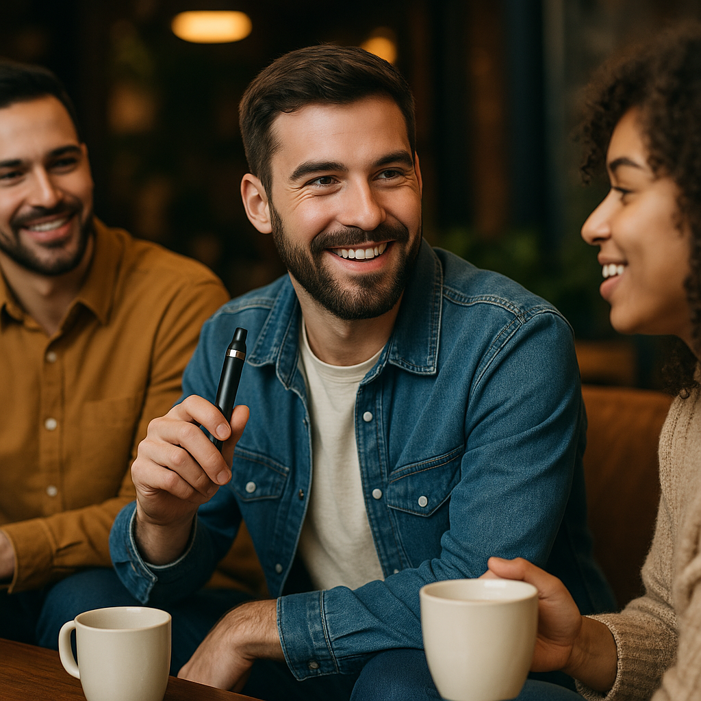 Tips for Vaping in Social Settings – friends enjoying coffee together in a cozy café, smiling and chatting while one person holds a vape pen.