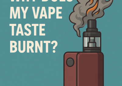 Close-up of a vape device with smoke and a red glowing coil, illustrating the burnt taste issue.