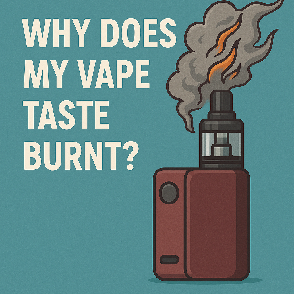 Close-up of a vape device with smoke and a red glowing coil, illustrating the burnt taste issue.