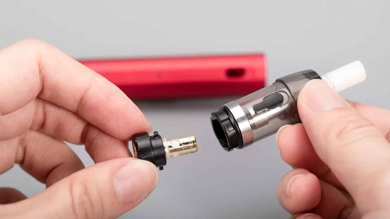 How to Replace Your Vape Coil – hands removing old vape coil from a vape tank with new coil ready to install