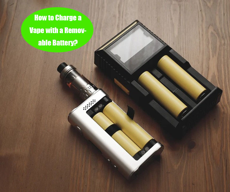 Properly charging vape battery illustrated with two batteries, one showing charging status and the other ready.