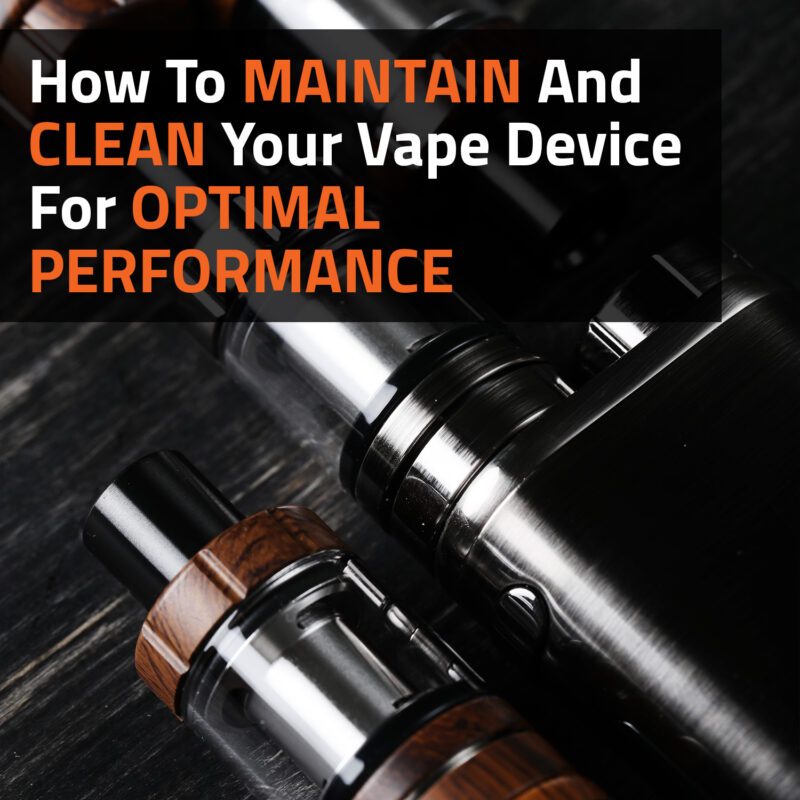 How to clean and maintain your vape device with step-by-step visual showing disassembled parts, cotton swabs, and cleaning tools